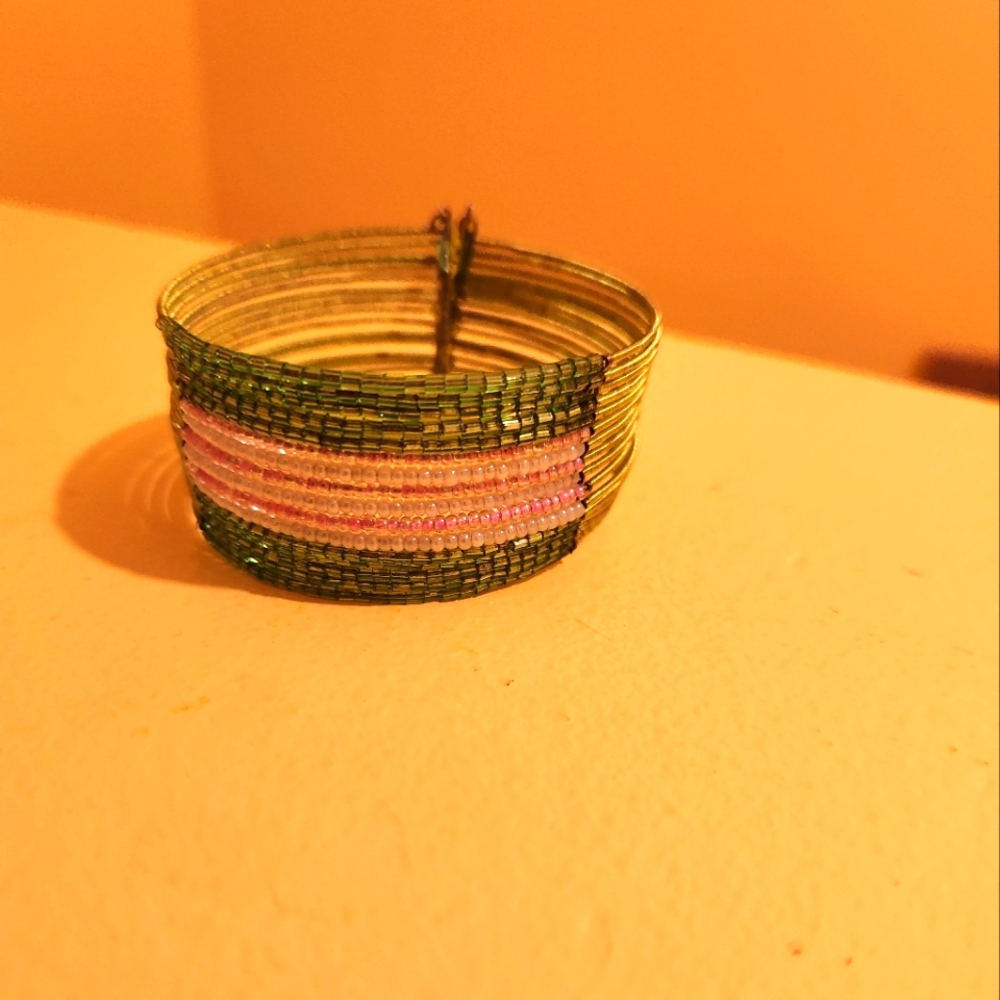 Pink and green fine beaded bracelet